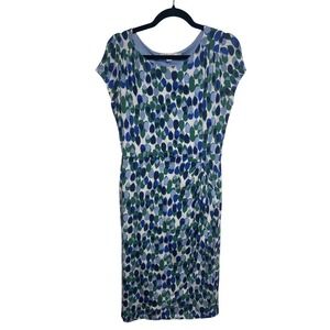 Boden Dot‎ Print Dress Blue Green Stretch Tencel Work Chic Retro Midi